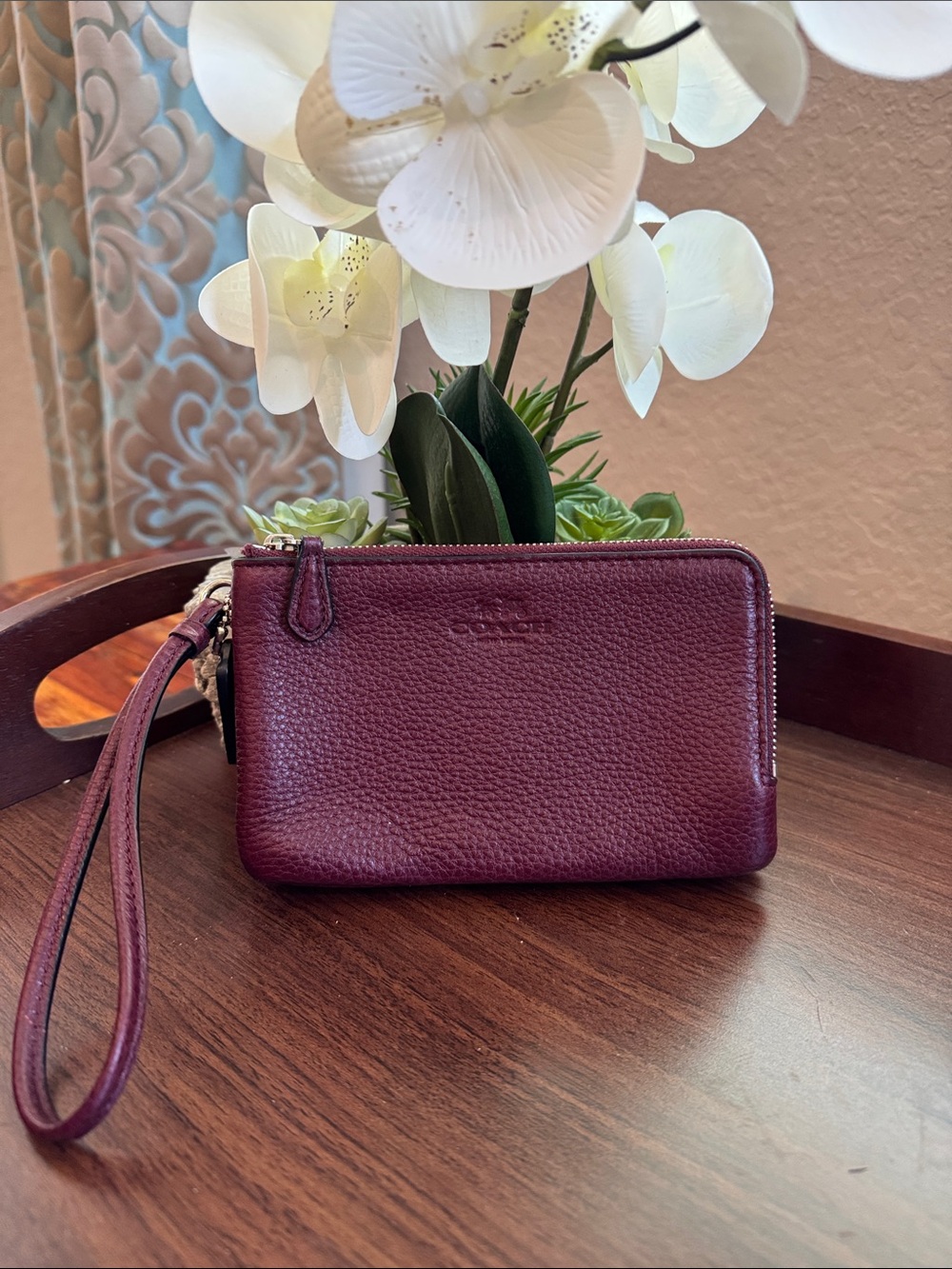 Coach Pebbled Leather Wristlet - Burgundy/Wine